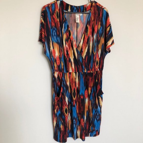 Emma & Michele Red, Blue and Yellow Print Dress w/Pockets - Size Medium - Picture 1 of 5